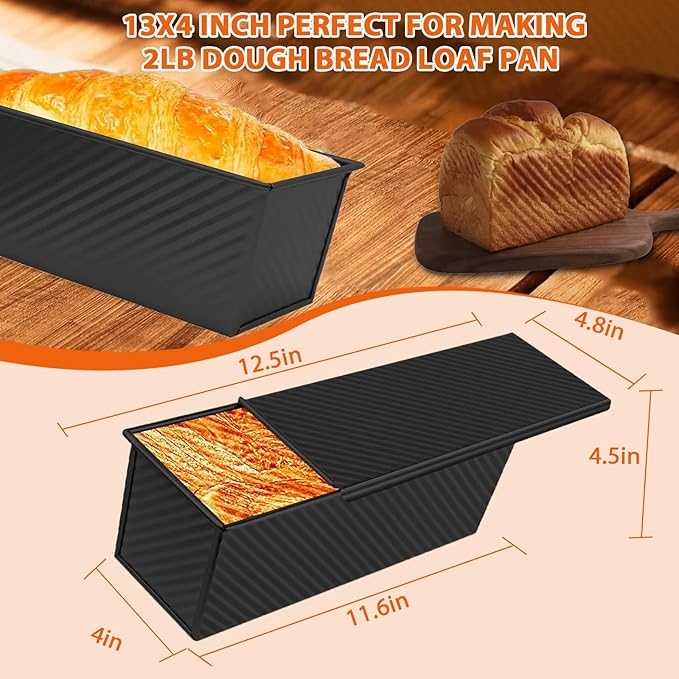 AVSQUINE Non-Stick Pullman Loaf Pan with Lid 13x4 Inch - 2.2lb Carbon Steel Bread Baking Pan with 4 Vent Holes, Heavy Duty Sourdough Loaf Pan with Cover for Homemade Sandwich Bread (Black)