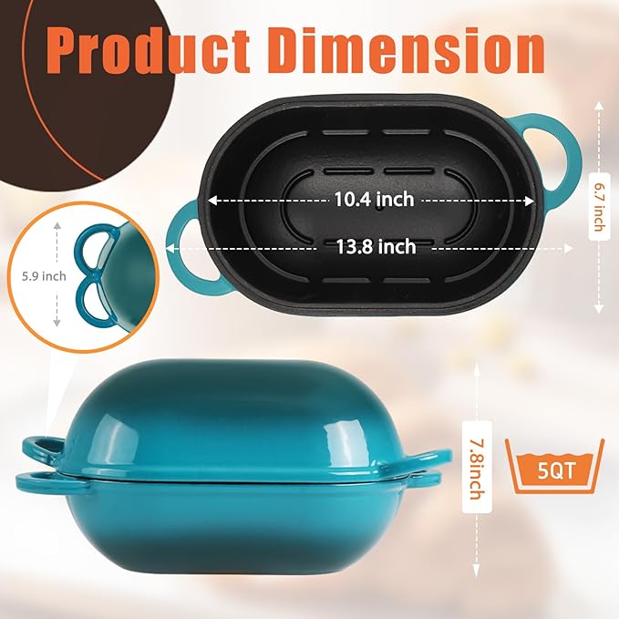 NSIRONS Enameled Cast Iron Sourdough Bread Oven, 5QT Loaf Cast Iron Bread Pan with Lid, Oval Dutch Oven for Homemade Bread Baking, Meatloaf Pan with Lid (Gradient Blue-green)