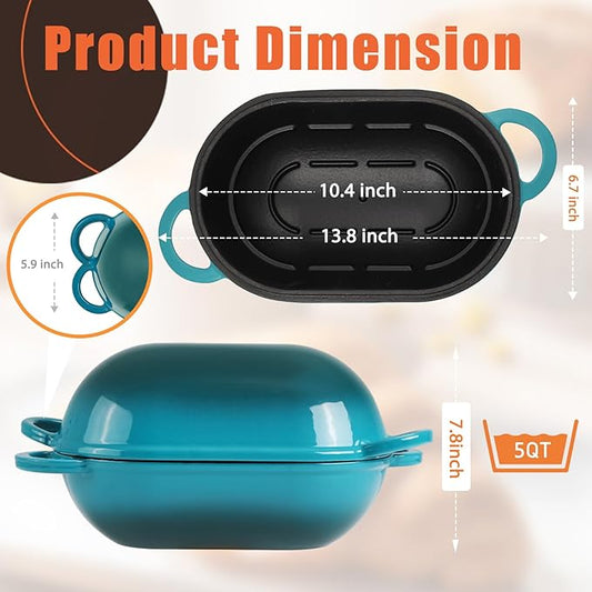 NSIRONS Enameled Cast Iron Sourdough Bread Oven, 5QT Loaf Cast Iron Bread Pan with Lid, Oval Dutch Oven for Homemade Bread Baking, Meatloaf Pan with Lid (Gradient Blue-green)