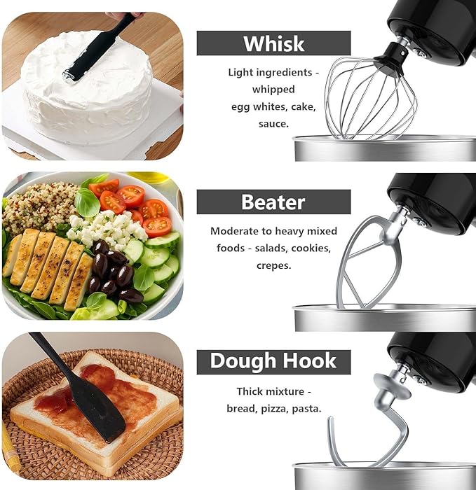 SeaSpark Stand Mixer, 3 in 1 Stand Mixer, 5.5Qt Electric Mixer, Mixer with Stainless Dough Hook, Wire Whip & Beater, Food Mixer for Baking, Cake and Most Home Cooks, Black