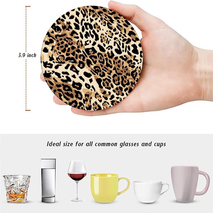 Coaster for Drinks Set of 6, Leopard Animal African Tiger Cheetah Absorbent Round Ceramic Stone Mat, with Cork Base and Metal Holder, Gift for Housewarming Room Bar Decor