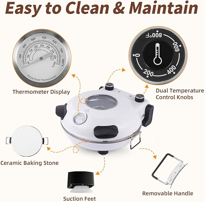 YIBAKE 12" Electric Pizza Oven - Countertop Pizza Maker with Ceramic Stone, Heats up to 800°F, Portable Indoor Pizza Oven for Homemade Pizzas, White