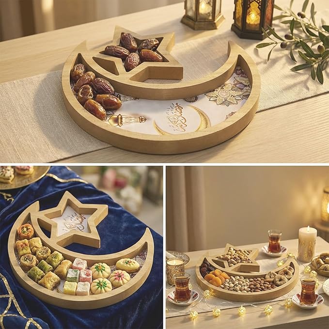 Krismax Ramadan Decorations for Home Ramadan Tray Eid Tray Ramadan Kareen Moon Star Tray Home Decor Ramadan Serving Tray for Party Decoration Food Tray Snack Cookie Serve Plate