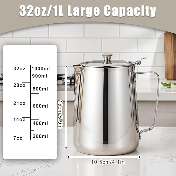 32 oz Stainless Steel Pitcher with Lid, 1 L Large Metal Measuring Cup with Handle, Large Mouth Graduated Beakers, Milk Frothing Jug for Latte Art, Espresso Machines, Tea
