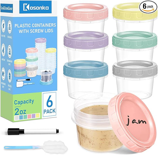 6 Piece 2 oz Plastic Food Storage Containers with Lids, Reusable Freezer Storage Containers, Small Meal Prep Containers with Pen and Brush, BPA-Free, Screw Top, Microwave & Dishwasher Safe