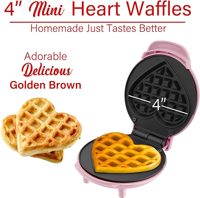 Brentwood 5” Non-Stick Mini Maker for Waffles, Keto Chaffles, Hash Browns, and More (Pink Heart)