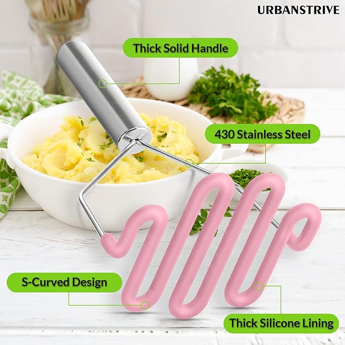 Urbanstrive Non-Scratch Silicone Potato Masher Kitchen Tool, Potatoes Masher Potato Masher Stainless Steel Wrapped In Premium Silicone, Potato Smasher, Pink