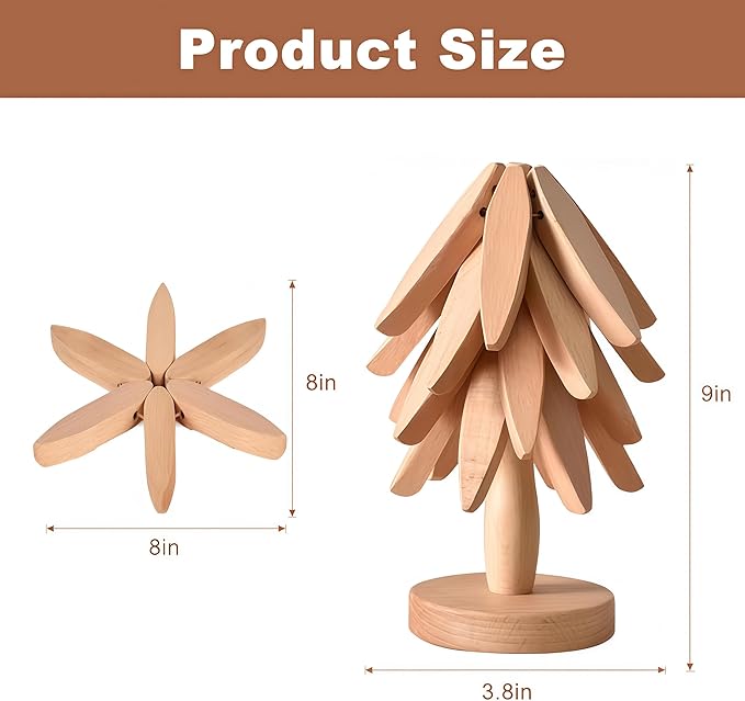 Foldable Kitchen Wooden Trivet Wooden Trivets for Hot Dishes, Tree Shape Trivet Set, 4 Walnut Wood 1 Stand stored Like a Christmas Tree,for Hot Pot Holder, Teapot, Bowl, Hot Dishes (Beech Wood)
