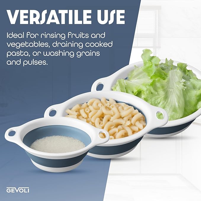 Collapsible Colanders (3 Pack Set) Food Strainers with Over-Sink Water Draining Base for Pasta Fruits and Vegetables, White/Blue (3 Sizes, 3QT, 4QT and 5 Quart)