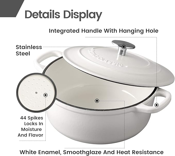 EDGING CASTING Dutch Ovens Enameled Cast Iron Covered 5.5 Quart Dutch Oven with Dual Handle for Bread Baking, White