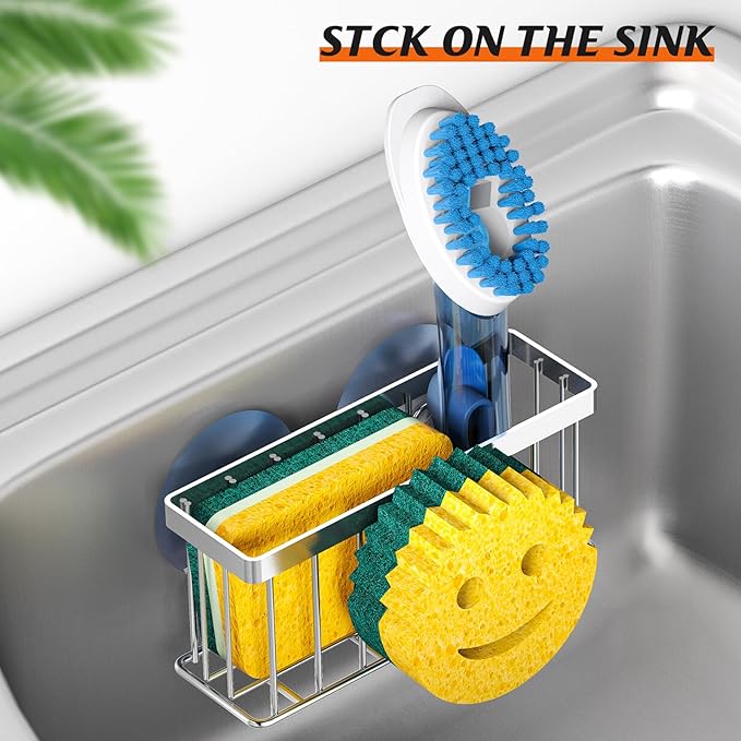 Sponge Holder Smiley Face, for kitchen Sink,Sponge Holder with 2 PCS Suction Cups/1 PCS Adhesive Strips,Designed for Sponge,Soap,Dish brush,Scrubber-Silver
