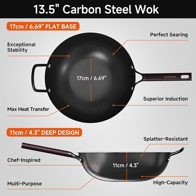 SUMEIGUAN 13.5" Carbon Steel Wok Pan - Pre-Seasoned Flat Bottom Woks & Stir-fry Pans Chinese Cookware with Lid & Spatula - For Pan-fry,Stir Fry, Steam, BBQ & Camping - Compatible with Induction, Gas