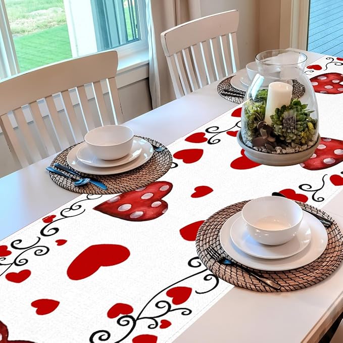 Valentine's Day Table Runner Linen Red Love Heart Table Runner Heart Floral Cloth Dresser Scarves Polka Dots, for Valentines Holiday Home Kitchen Dining Style Table Decoration (13*72 Inch)