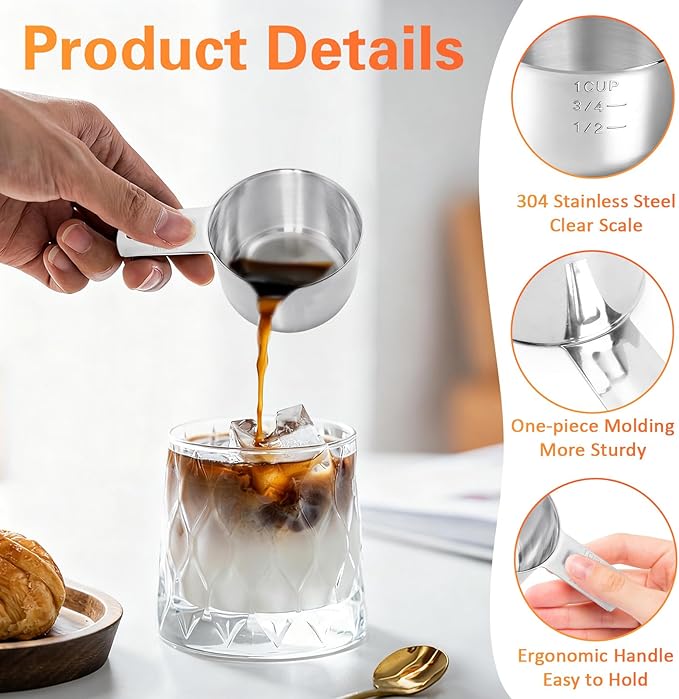 4 Pack 1 Cup Stainless Steel Measuring Cup, 250 ml | 240 cc | 8 oz Single Measuring Cups with Handle, Small Measuring Scoops Coffee Scoop for Kitchen Cooking Baking