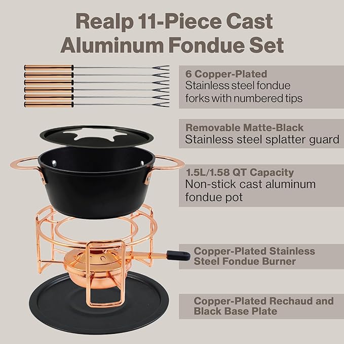 Swissmar Realp 11-Piece Cast Aluminum Fondue Set - Ideal for Melting Cheese & Chocolate Fondue, Oil & Broth Cooking - Perfect for Kitchen Collection & Wedding Gifts - 1.5 Liter / 1.58 Quarts