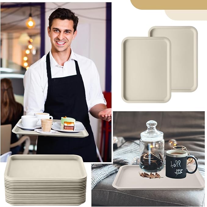 Gerrii 18 Pcs Plastic Fast Food Trays Bulk Restaurant Serving Cafeteria Tray Grill School Lunch Tray Rectangular Serving Platter for Kitchen Hotel Restaurant (Khaki,12 x 9 Inch)