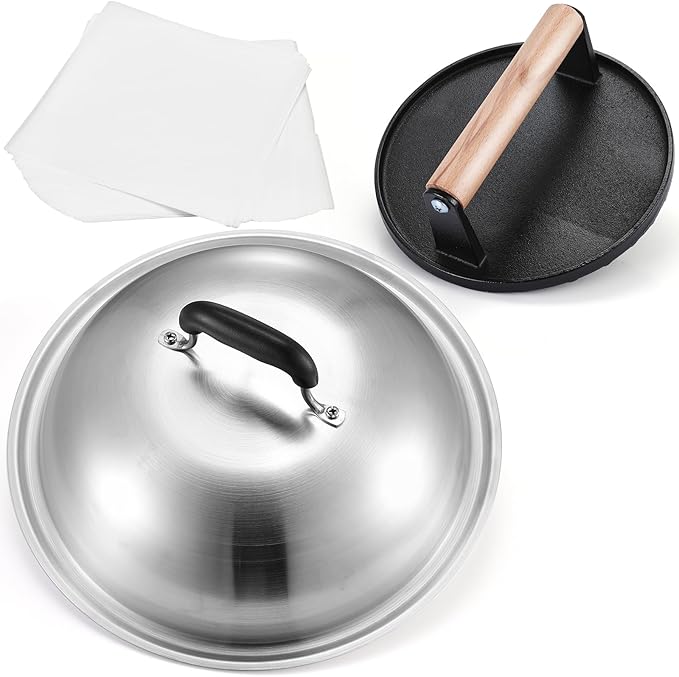 Smash Burger Press Kit, 7” Cast Iron Smash Burger Press with 12.5” Stainless Steel Griddle Dome & Burger Patty Papers, Heavy Duty Griddle Accessories for Family Cooking & Outdoor Grilling