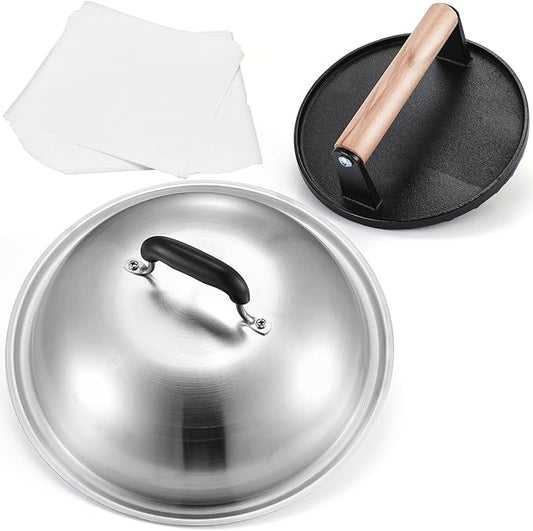 Smash Burger Press Kit, 7” Cast Iron Smash Burger Press with 12.5” Stainless Steel Griddle Dome & Burger Patty Papers, Heavy Duty Griddle Accessories for Family Cooking & Outdoor Grilling