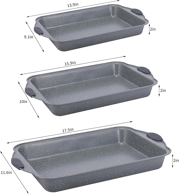Anveena 3-Piece Nonstick Kitchen Oven Baking Pans - Premium & Stylish Non-Stick Steel, Commercial Grade Restaurant Quality Metal Bakeware with Red Silicone Handles - Easy to Clean gray
