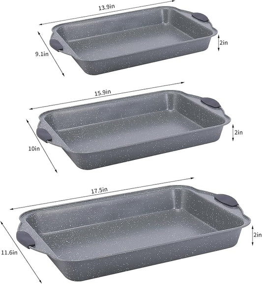 Anveena 3-Piece Nonstick Kitchen Oven Baking Pans - Premium & Stylish Non-Stick Steel, Commercial Grade Restaurant Quality Metal Bakeware with Red Silicone Handles - Easy to Clean gray