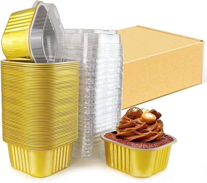 Lewarm 14 oz Mini Cake Pans with Lids, Square Muffin Pans, Multi-purpose Aluminum Baking Cups, Premium Dessert Cups, Creme Brulee Ramekins Oven Safe, 60 Pack