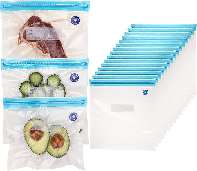 Food Vacuum Sealer Bags – 15 Pack Reusable Bags with Leakproof Zip Seal & Air Valve – Microwave, Freezer & Reusable Sous Vide (Medium)