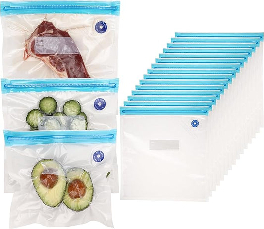 Food Vacuum Sealer Bags – 15 Pack Reusable Bags with Leakproof Zip Seal & Air Valve – Microwave, Freezer & Reusable Sous Vide (Medium)