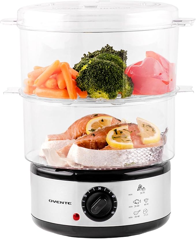 OVENTE 2-Tier Electric Food Steamer, 5 Quart Stainless Steel Stackable Steam Cooker with 400W Power, 60-Minute Timer & Auto Shut-Off, Dishwasher Safe, Healthy Vegetable & Seafood Steamer, Silver FS62S