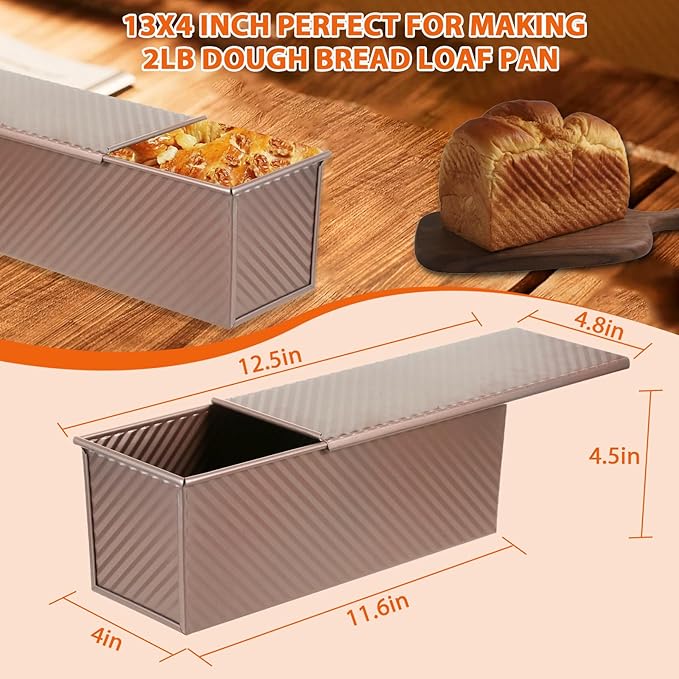 AVSQUINE Non-Stick Pullman Loaf Pan with Lid 13x4 Inch - 2.2lb Carbon Steel Bread Baking Pan with 4 Vent Holes, Heavy Duty Sourdough Loaf Pan with Cover for Homemade Sandwich Bread (Gold)