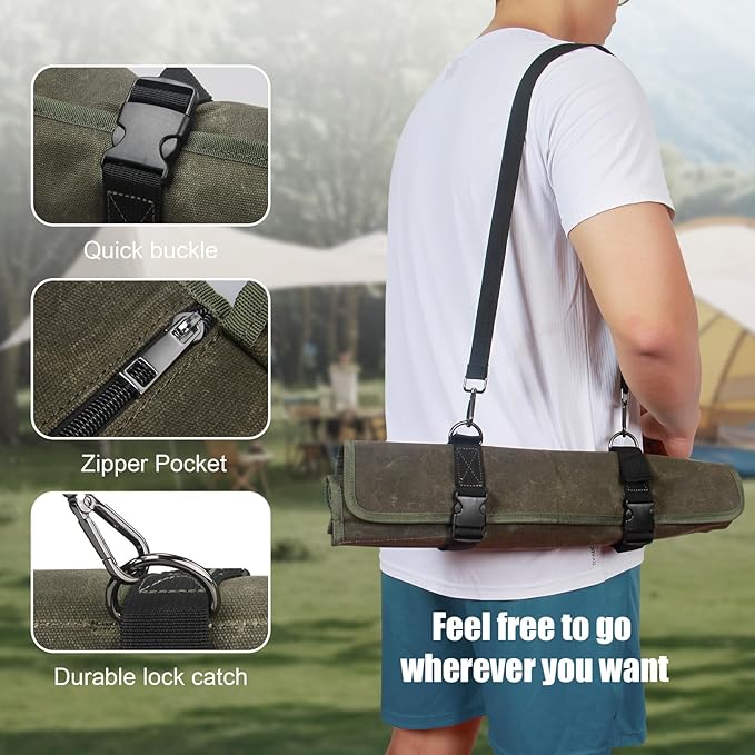 Chef Knife Roll Bag,Waxed Canvas Knife Travel Case,Heavy Duty Professional Knife Carrier Storage Holder with 10 Slots,Portable Kitchen Culinary Tool Organizer for Men,Fits up to 18.8”Knives Army Green