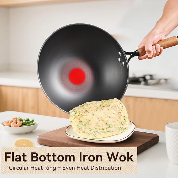VIVIDCOOKWARE 12.6" Carbon Steel Wok, Spun Iron Stir Fry Wok with Wooden Handle, Flat Bottom Wok Pan with Reinforced Rim, Lightweight Woks & Stir-Fry Pans for Everyday Cooking
