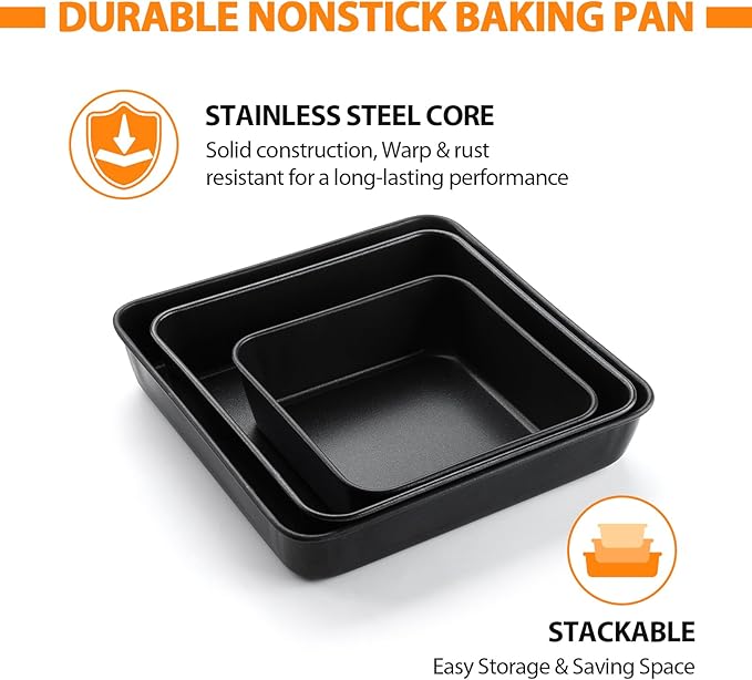 E-far 6/8/9-Inch Square Cake Pan with lid Set, Non-stick Square Baking Brownie Pans Bakeware Set of 3, Stainless Steel Core & Easy Clean - 6 Pieces(3 Pans + 3 Covers)