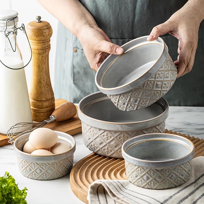 Ceramic Mixing Bowls with Lids Set of 4, Embossed Nesting Storage Bowls for Cooking, Serving, Salad, Popcorn etc, Microwave and Dishwasher Safe, Baking Dishes 12/16/28/40 oz (Gray)