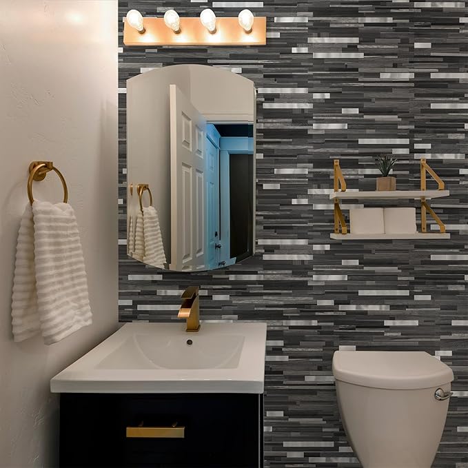 20 Sheets Peel and Stick Tile Backsplash, Black with Metal Gold Look Stick on Tile Upgrade Your Kitchen Backsplash, RV, Fireplace