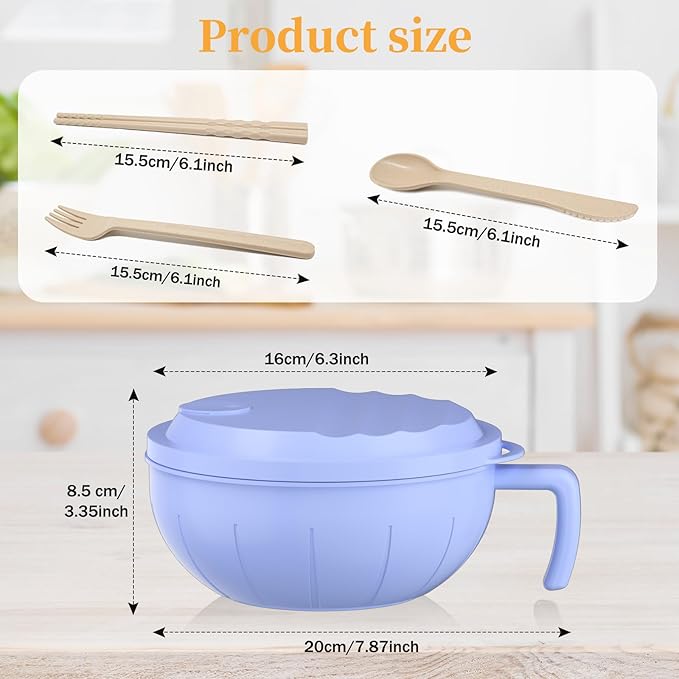 steo spce Large Ramen Bowl Set, 40 Oz Microwaveable Noodle Cooker with Leak-Proof Lids, Chopsticks, Spoon & Fork – Portable and Dishwasher Safe, Ideal for Home, Office, Dorm, or Gift Light (Purple)