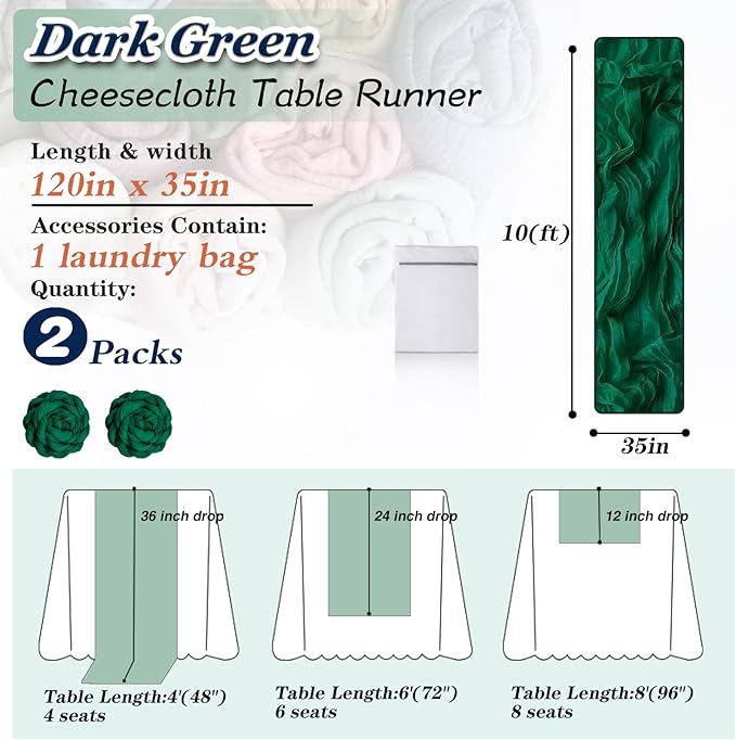 Dark Green Cheesecloth Table Runner 2 Pack 35" Boho Gauze 120 inches Long Runner Rustic Sheer Fabric Bulk for Baby Shower Wedding Bridal Birthday Party Table Decorations