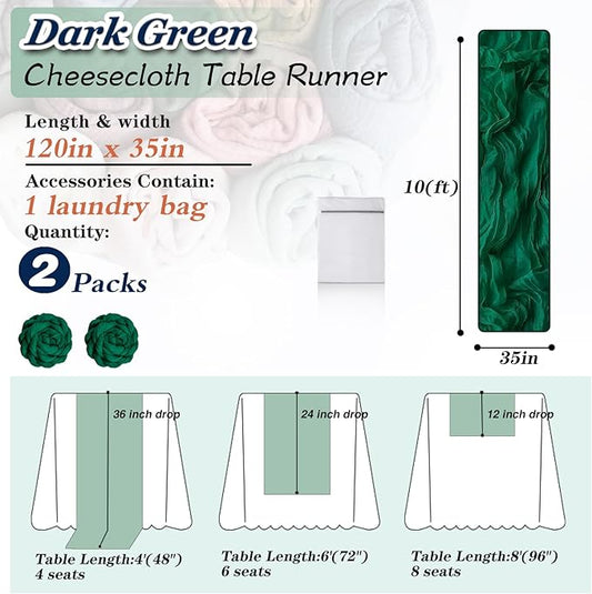 Dark Green Cheesecloth Table Runner 2 Pack 35" Boho Gauze 120 inches Long Runner Rustic Sheer Fabric Bulk for Baby Shower Wedding Bridal Birthday Party Table Decorations