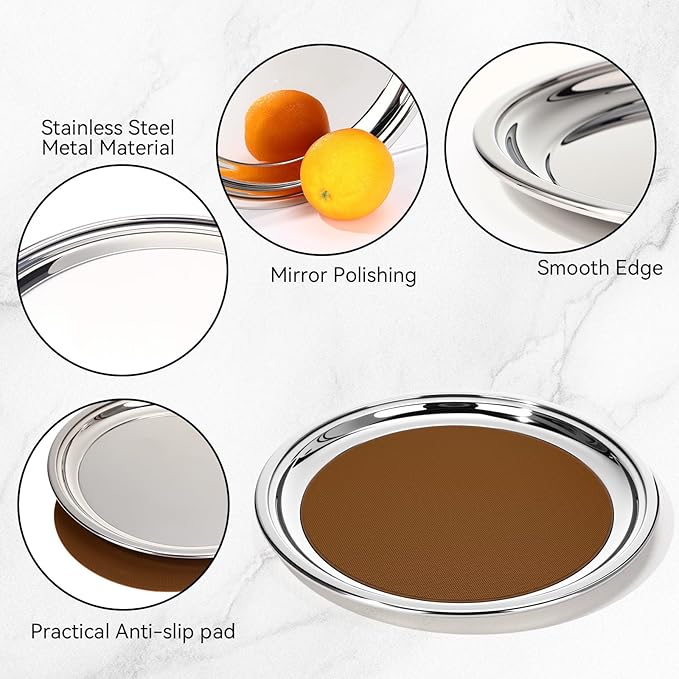 LemonRoad 2 Set Round Silver Mirror Decorative Tray 14.17 Inches Stainless Steel Metal Serving Tray Mirrored Finish Circular Bar Platter with Anti Slip Mat Vanity Kitchen Organizer for Home