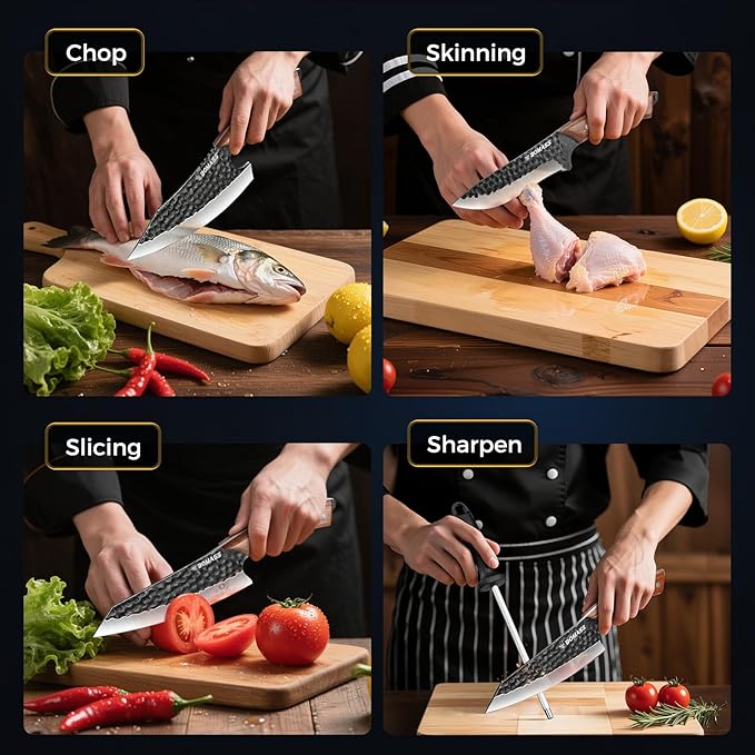 Kitchen Knives, Hand Forged Japanese Knife Set 3Pcs, High Carbon Butcher Knife & Santoku Knife & Boning Knife & Honing Rod for Home Kitchen, BBQ, Outdoor Cooking