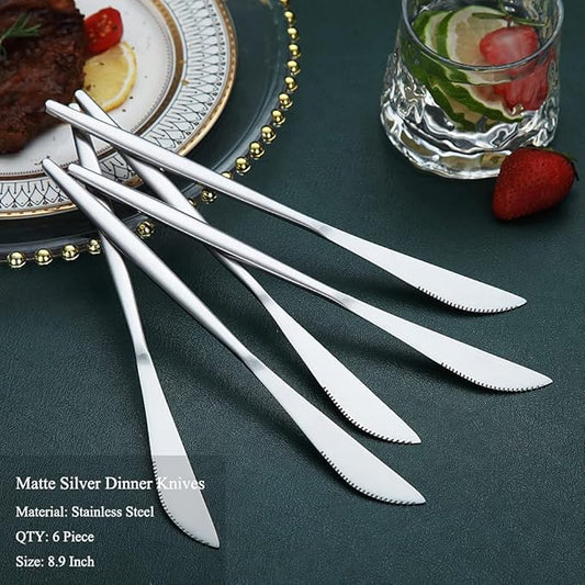 HOMQUEN Dinner Knives 6 Piece, Stainless Steel Matt Silver Dinner Knife, Sturdy butter knife, Modern Design butter knives, Dishwasher Safe (Matt Silver-8.9 Inch)
