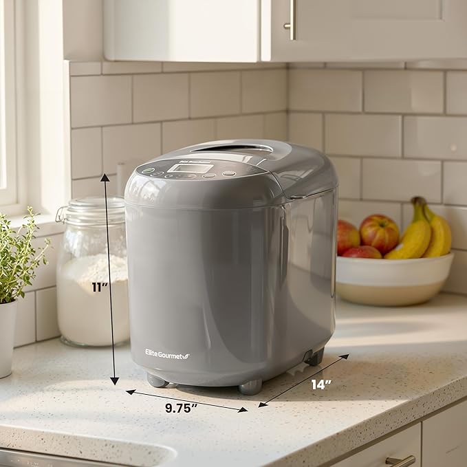 Elite Gourmet Programmable Bread Maker with PFAS Free Ceramic CERALAST™ Bread Pan & Kneading Blade, 19 Menu Functions Gluten-Free, White, Wheat, Rye, French & more, 2lbs, Gray