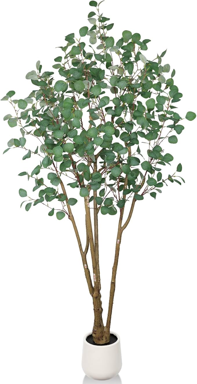 Artificial Eucalyptus Trees with White Planter, 7 FT Faux Eucalyptus Plants Indoor Tall Fake Floor Trees with Silk Leaves and Thick Trunk for Living Room Bedroom Corner Home Office Decoration