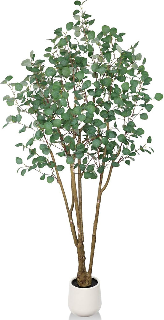 Artificial Eucalyptus Trees with White Planter, 7 FT Faux Eucalyptus Plants Indoor Tall Fake Floor Trees with Silk Leaves and Thick Trunk for Living Room Bedroom Corner Home Office Decoration