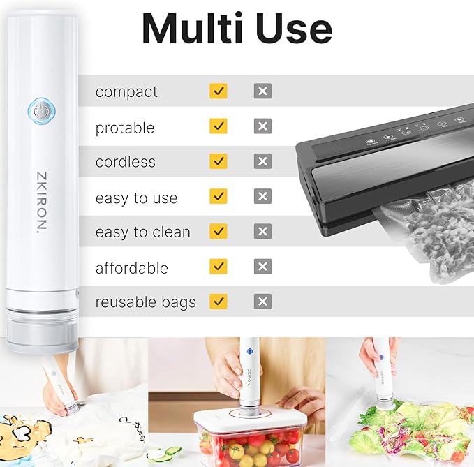 OneTouch Handheld Vacuum Sealer with 12 Reusable Vacuum Bags – Compact Food Sealer with Detachable Transparent Suction for Sous Vide, Meal Prep & Kitchen Storage, Portable Food Saver
