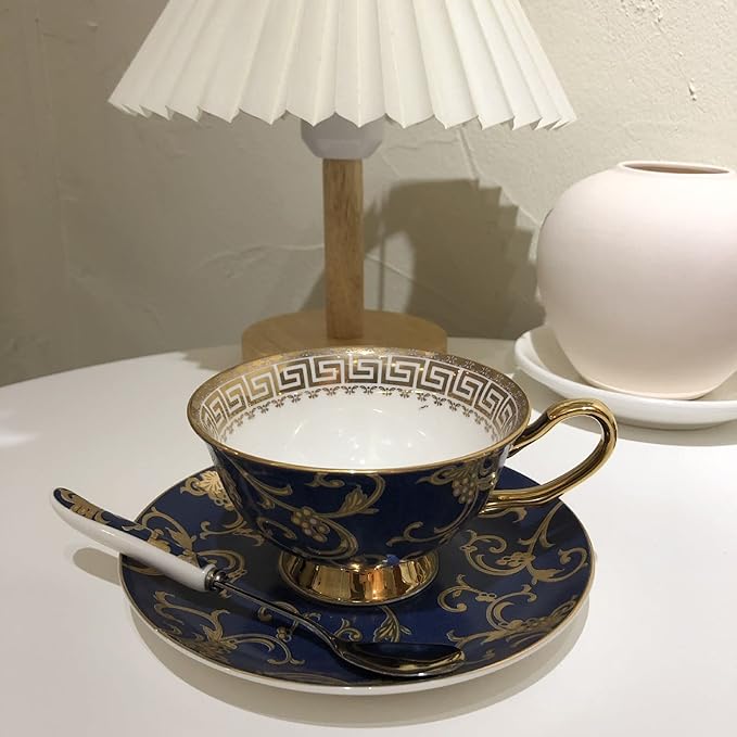 YBK Tech Euro Style Bone China Cup& Saucer Set, Ceramic Tea Coffee Cup for Home Kitchen Wedding (Retro Flower Pattern- Dark Blue)