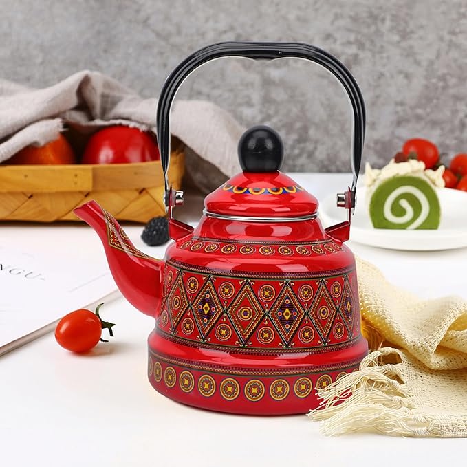 1.1L Arab style Vintage Tea Kettle,Enamel Tea Kettle with Handle,Enameled Teapot Stovetop,Hot Water Kettle for Home Kitchen Decor, No Whistling (Red)