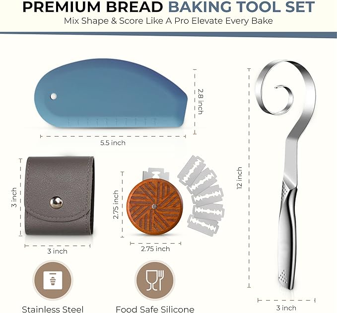 Sourdough Accessories | Seamless Danish Sourdough Bread Whisk, Silicone Dough Scraper & Sourdough Scoring Tool with 5 Blades + Storage Bag (Sourdough bread lame Kit) | Bread baking supplies