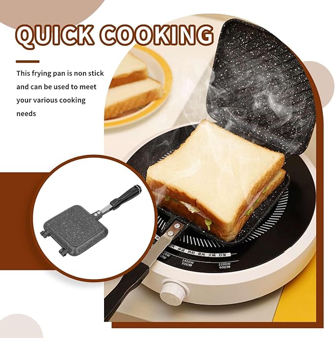 Cyrank Double Sided Frying Pan, Aluminum Hot Sandwich Panini Maker Grilled Cheese Maker Nonstick Sandwich Toaster Press Stovetop Flip Grill Pan for Home Kitchen