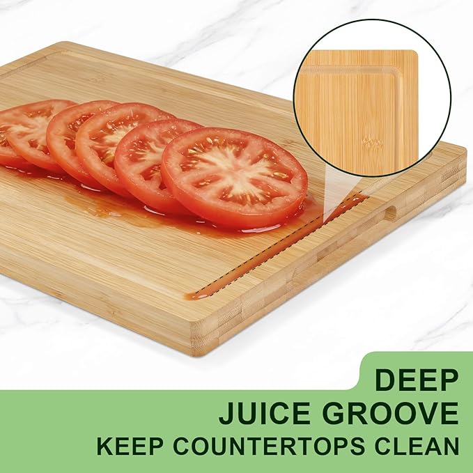 Tafopue Bamboo Cutting Board for Kitchen, Thickened Chopping Board with Juice Groove & Handles, Large Double Sided Butcher Block for Meat, Vegetables & Charcuterie Serving, 17x12x1 Inch