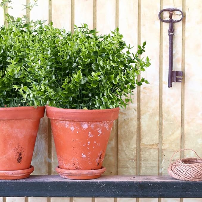 6PCS Artificial Eucalyptus Plants,Fake Boxwood Shrubs UV Resistant No Fade Faux Plastic Greenery for Wedding Bridal Bouquet Indoor Outdoor Home Garden Kitchen Office Table Vase(Green)